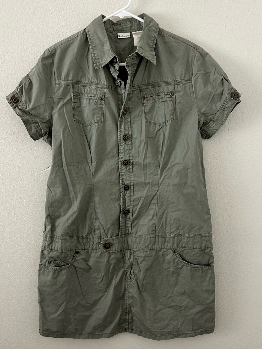Vintage Y2K No Boundaries Khaki Green Drop Waist Cargo Shirt Dress Sz L Utility